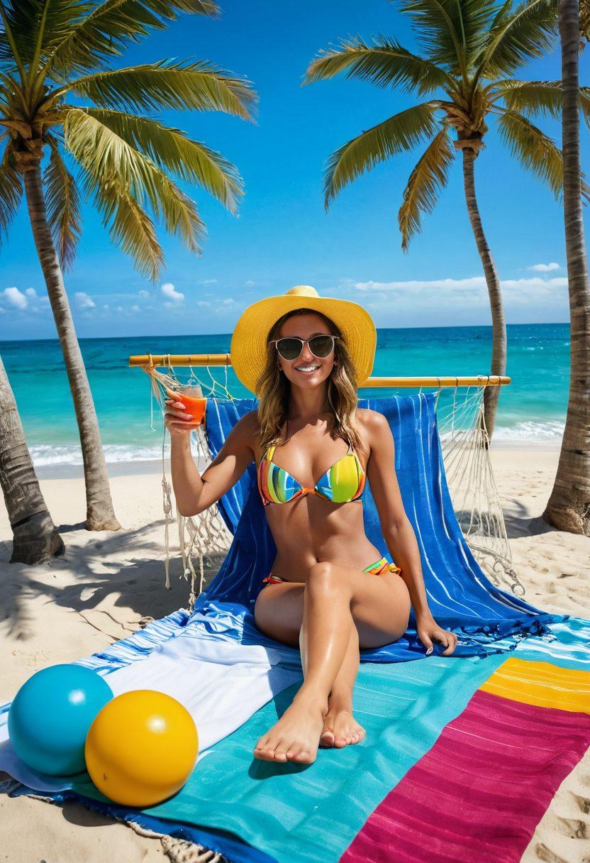 A sun-soaked beach scene with vibrant, stylish swimwear displayed on colorful towels, surrounded by playful beach toys and a relaxing hammock. The ocean waves gently lap at the shore while palm trees sway in the breeze, creating an inviting atmosphere. Brightly colored sunglasses and tropical drinks add a fun touch, evoking a sense of adventure and leisure. super-realistic. vibrant colors. white background.